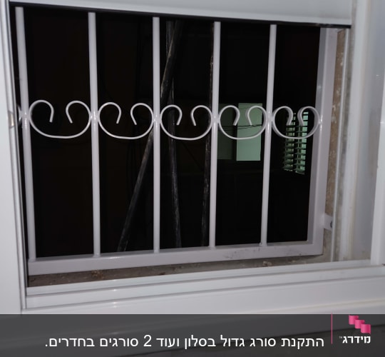 סורג מתכת לבן עם עיטורים בחלון